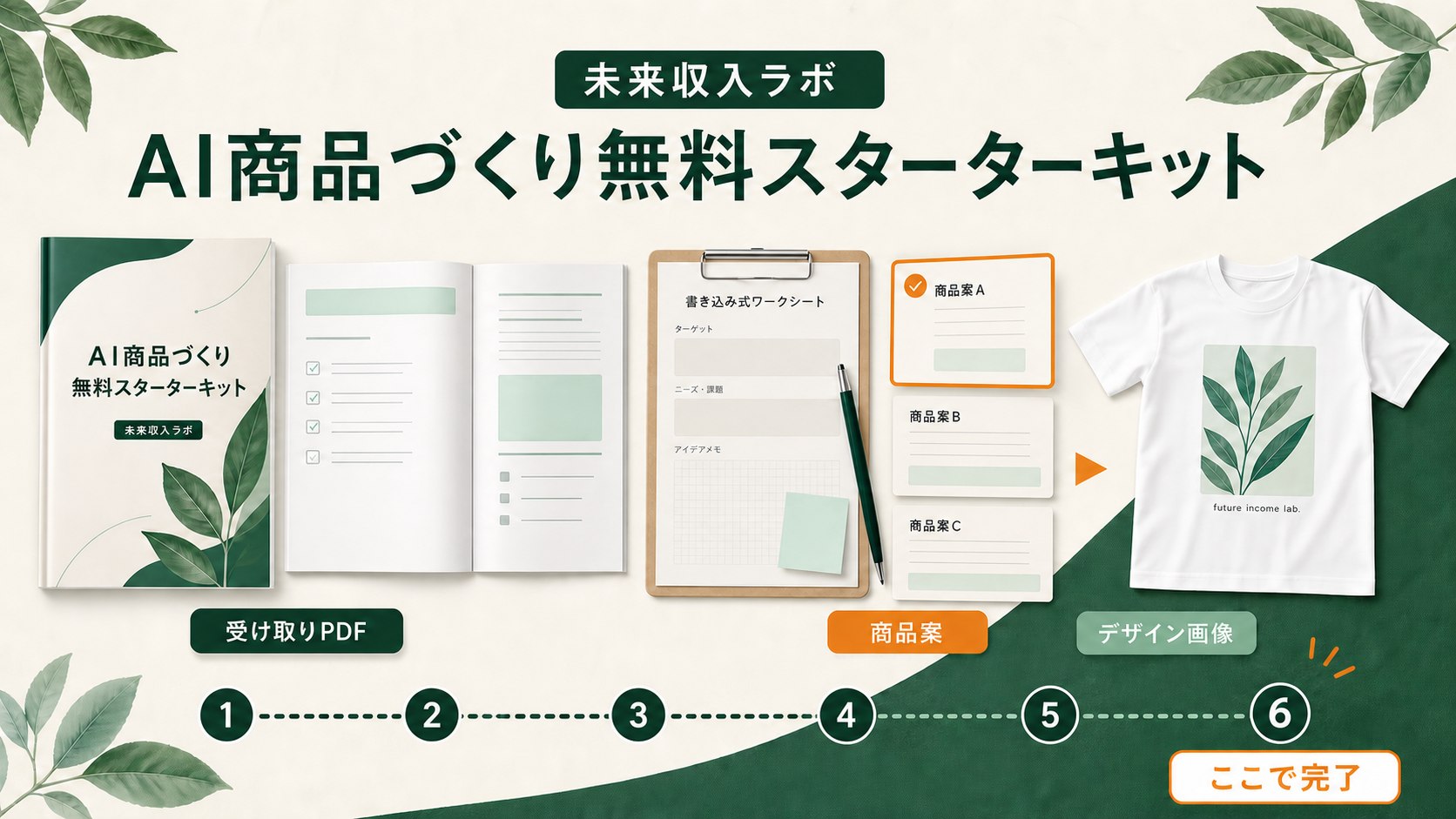 無料スターターキットの受け取りPDF、商品案、デザイン画像、6工程の完了イメージ
