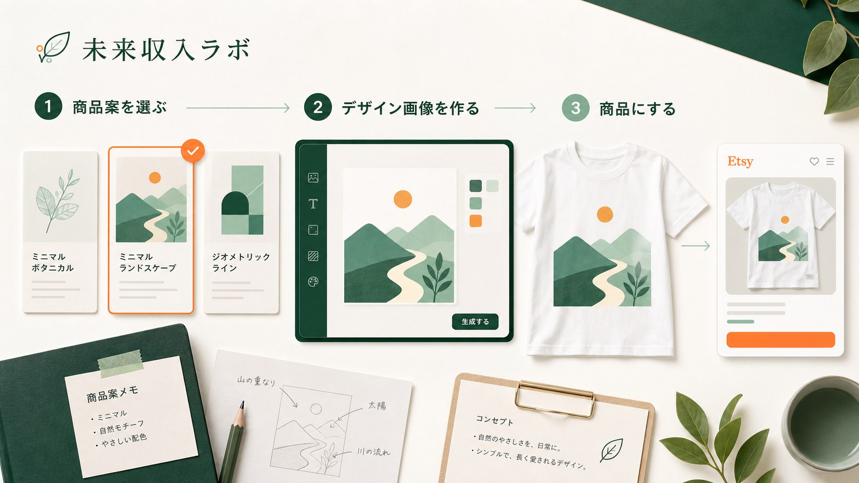 商品案を選び、デザイン画像を作り、Tシャツ商品にする3段階の流れ